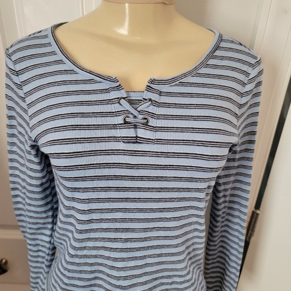 Justice Girls Long Sleeve Lace Up Ribbed Thermal Top Blue Stripes